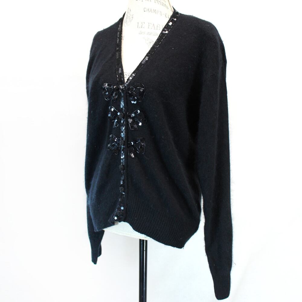 Robinson's Vintage Black Sequin Bow Cardigan Silk Angora Medium Holliday Glam